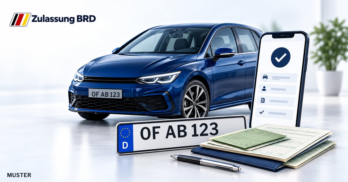 Online Fahrzeugzulassung in Obertshausen: Musterkennzeichen OF AB 123, Auto und Fahrzeugpapiere und Smartphone. Illustration mit Logo von Zulassung BRD.